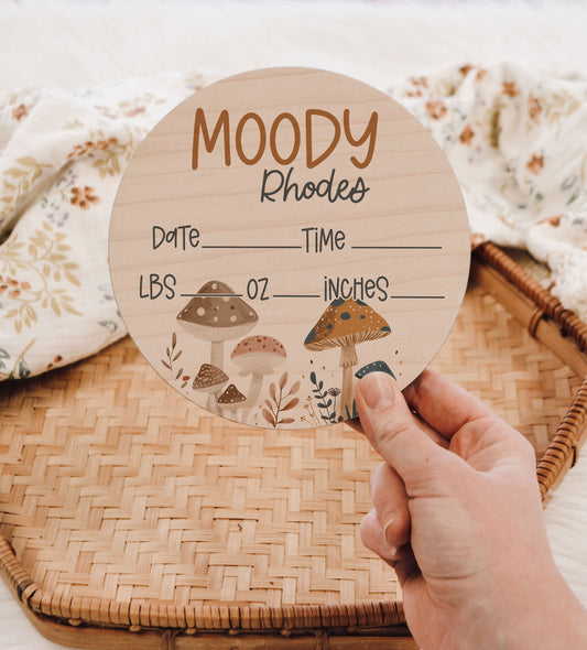 Wooden Baby Name Announcement Sign for Hospital, Gender Neutral Mushroom Birth Stats Wood Sign Newborn Announcement, New Baby Sign