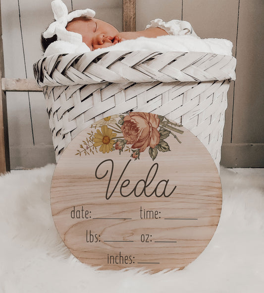 Veda - Vintage Rose Hibiscus Name Stats Sign