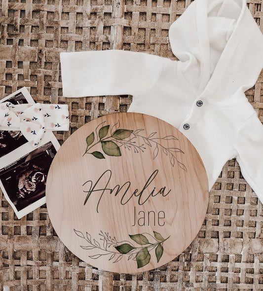 Amelia - Wreath Birth Announcement Wood Sign - AM002