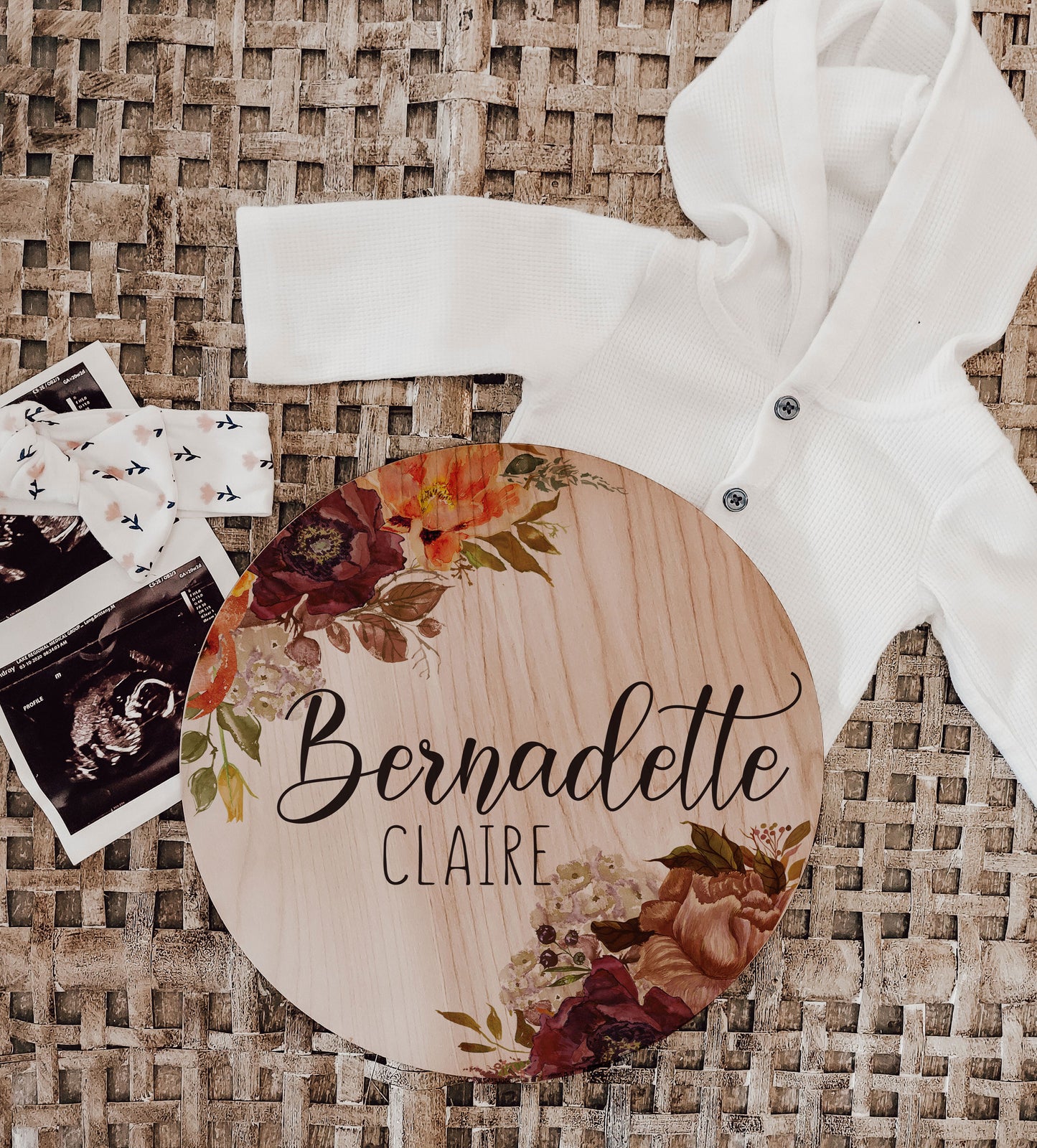 Bernadette - Floral Birth Announcement Wood Sign - BD002