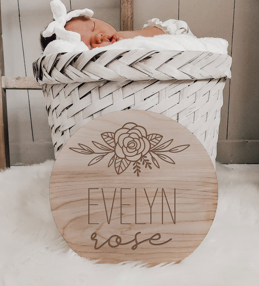 Engraved Floral Rose Baby Announcement Sign