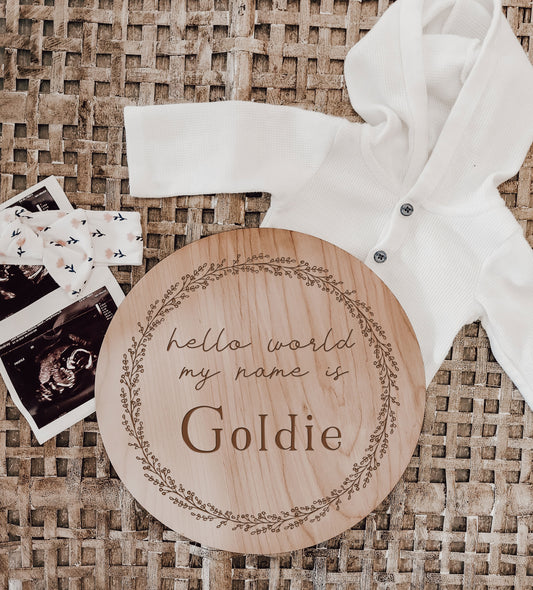 Engraved Hello World Baby Announcement Sign