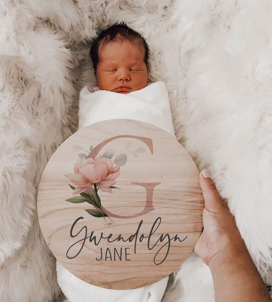 Gwendolyn - Wood Floral Name Announcement Sign - GW002