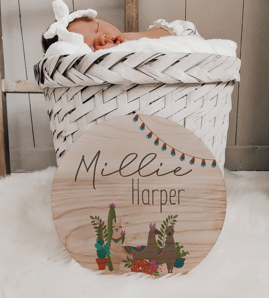 Millie - Cactus Llama Baby Name Wood Sign