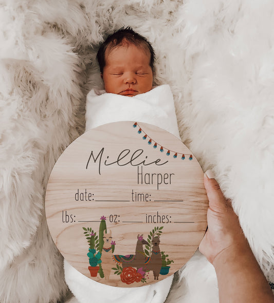 Millie - Cactus Llama Baby Newborn Stats Sign