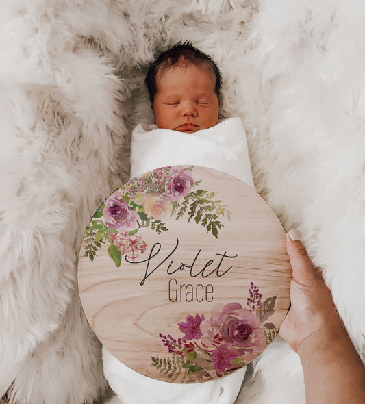 Violet - Purple Floral Roses Name Announcement Sign