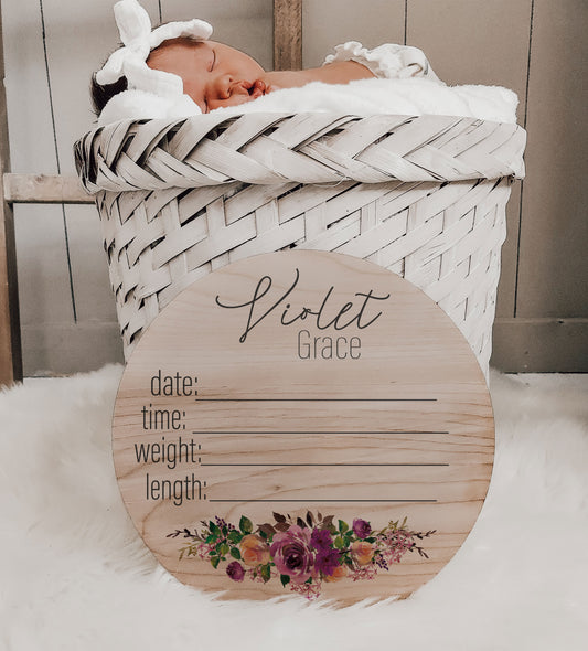 Violet - Purple Floral Roses Birth Stats Sign