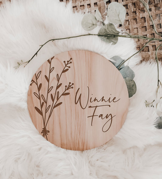 Engraved Gender Neutral Botanical Baby Announcement Sign